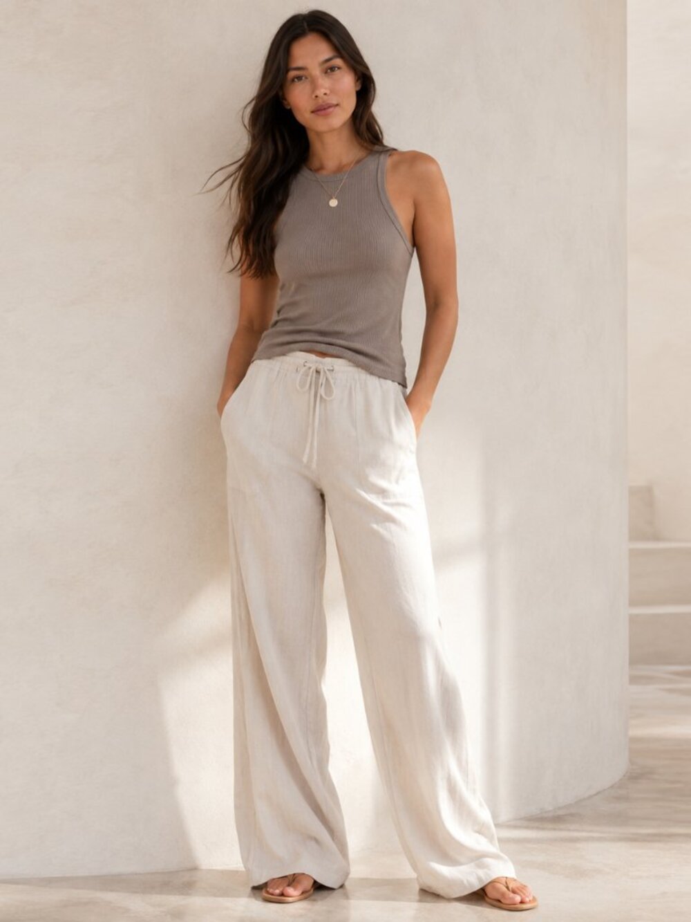 Gap Linen Blend Pants Womens 10R Beige Drawstring Lightweight Casual Summer Beac